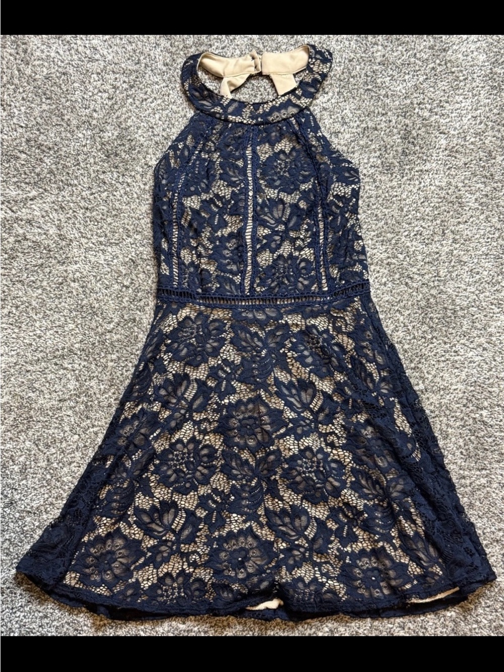Navy Lace Halter Fit & Flare teen Dress with Cream Lining